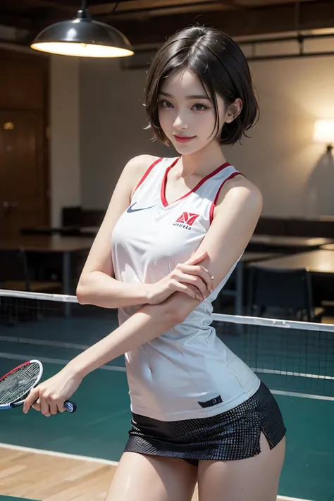 (NSFW), 1womanl, Solo, 24 years of age, 7headed body, (cute  face), (Ideal body proportions), ((Composition from head to thigh)), Table tennis hall,Table tennis uniform, Sleeveless, A miniskirt, The erection, Carmelto, Sexy body, Wet, Smiling smile, short-...