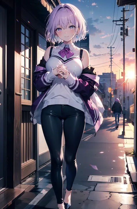 akaneshinjou, shinjou akane, Light purple hair, (Pink Eyes:1.2), short hair,hair band,Cold shoulder tops,skinny pants,Stiletto heels,walking,morning,morning陽,The sun is rising,whole bodyがイラストに入るように,happy smile, smile, Close your mouth,
 break looking at vi...