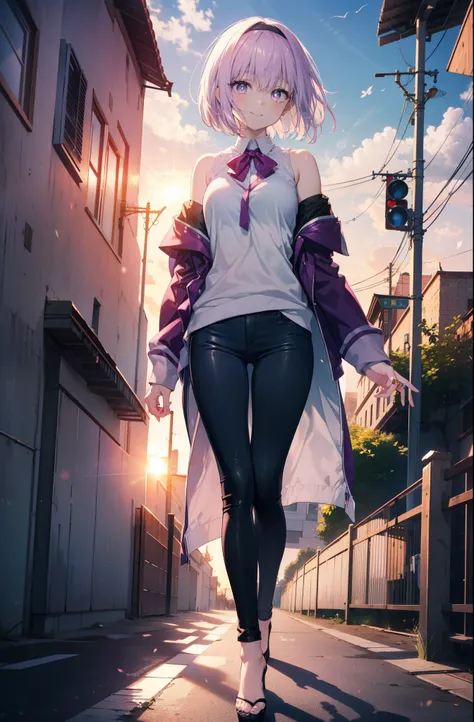 akaneshinjou, shinjou akane, Light purple hair, (Pink Eyes:1.2), short hair,hair band,Cold shoulder tops,skinny pants,Stiletto heels,walking,morning,morning陽,The sun is rising,whole bodyがイラストに入るように,happy smile, smile, Close your mouth,
 break looking at vi...