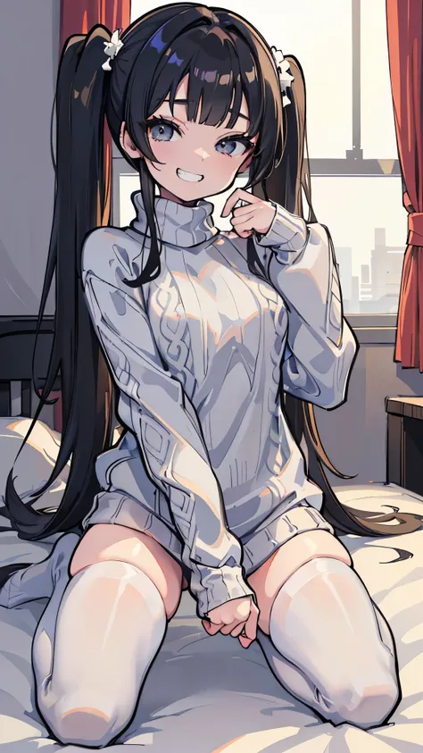 (8k、Best image quality、highest quality、masterpiece)、Detailed face、One girl、Black Hair、Long Hair、twintails、blunt bangs、Grey Eyes、evil smile、((Grin))、Small breasts、((white sweater))、thighhighs、kneeling、On the bed、Bedroom Background