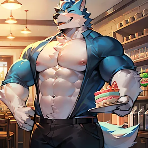 (individual:1.6)，Wolf orcs，Light blue hair，Wear casual clothes，abdominal muscles，cute，Laugh with eyes closed，in cafe，Eating cake, huge muscular biceps