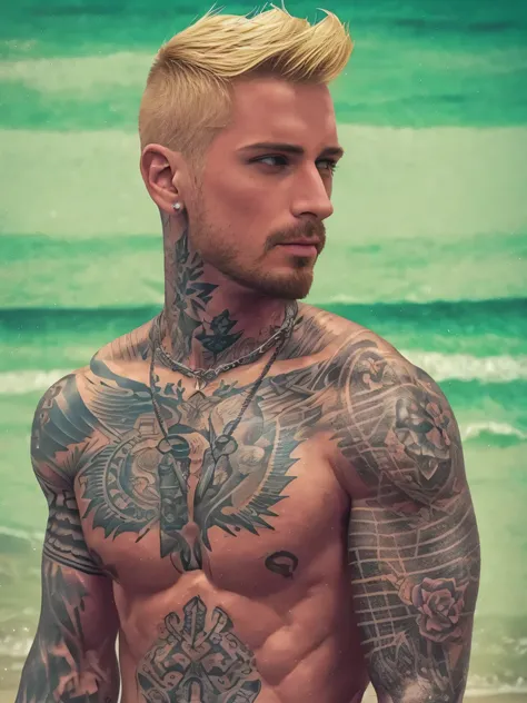 arafed man with tattoos on his arms and neck standing on the beach, marshal mathers, christian cline, tattooed man, with tattoos, tattooed, andrew gonzalez, profile image, inked, posing on a beach with the ocean, damian kryzwonos, blonde man, raphael perso...