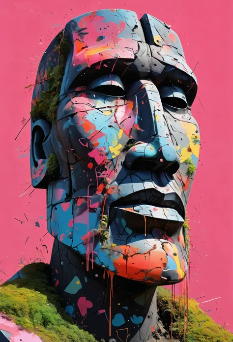 Graffiti, scribble, Comics by Petra Cortright, best quality, masterpiece, moai statue artwork, Representative work, official art, Professional, Ultra intricate detailed, 8k, moai statue art, colourful background 