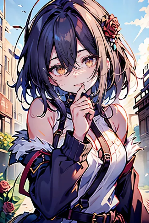 hui xiyi, rekkyo sensen, rekkyou sensen, girls with((black hair, tits cleavage, waving, breasts close up, suspenders, dress, blue clothes, bare shoulders, belt, frills shirt, knit sweater, exposed breasts, straps, hoodies, fur clothes, upper body, long hai...