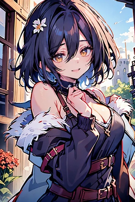 hui xiyi, rekkyo sensen, rekkyou sensen, girls with((black hair, tits cleavage, waving, breasts close up, suspenders, dress, blue clothes, bare shoulders, belt, frills shirt, knit sweater, exposed breasts, straps, hoodies, fur clothes, upper body, long hai...