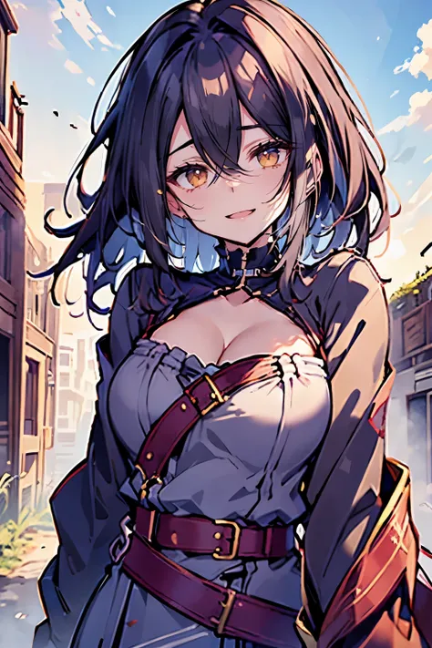 hui xiyi, rekkyo sensen, rekkyou sensen, girls with((black hair, tits cleavage, waving, breasts close up, suspenders, dress, blue clothes, swept bangs, belt, frills shirt, knit sweater, exposed breasts, straps, hoodies, fur clothes, upper body, long hair, ...