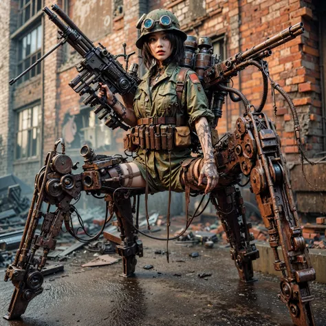 superrealism, ultra high res,8k,(Photorealsitic:1.4), (1950s-like mechanical suit:1.2), Collapsed Cities, heavy weapons,vivid textures,animal legs, gradation hair, Russian female soldier,(ultra beautiful face),((super realistic all textures)), ((super intr...