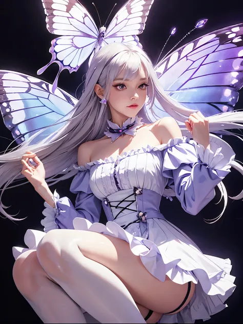 Silver Hair，crystal hair, butterfly，Long white hair，8k wallpaper，Detailed Background，Maximum resolution，Purple Rose，White dress, Off the shoulder, Frills, Knee-high socks，stockings