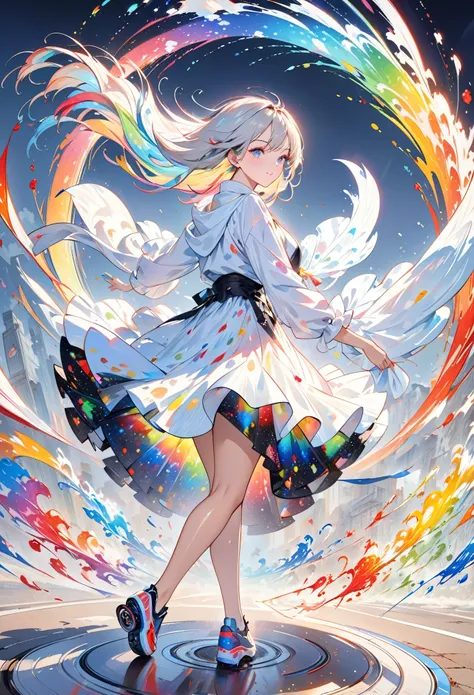 Capturing the Essence of Wind with Liquid Ink,Turned into a whirlwind of pointillism, Traverse the spectrum of multiple random colors, 4k concept art, Extreme details, Wheels within wheels, Luminous canvas, sports, Dynamic, Clear glossy focus, create a per...