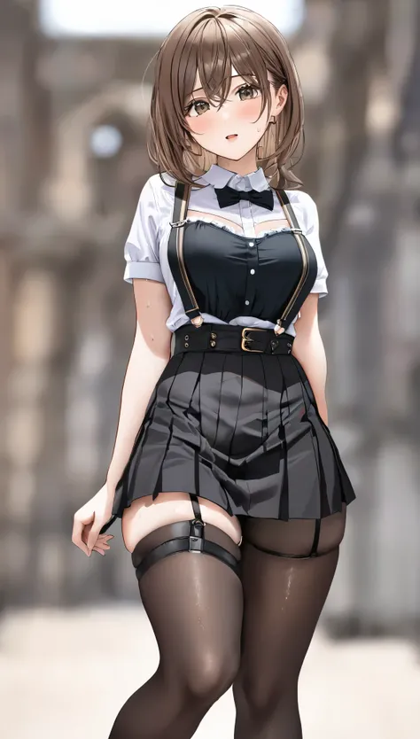 Black Skirt, 　suspenders, Brown hair Gray eyes, Garter belt on the legs, Tight clothing, 　　 internal　Armpit sweat　　Tight look　Medium chest