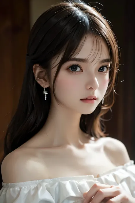 Background is grassland、Image from chest up:1.6)、Close-up portrait of a woman wearing a white off-the-shoulder top dress and earrings, Soft portrait shot 8k, Nice delicate face, High-quality 4K portraits, High-quality portraits, Soft, perfect, pale skin, 8...