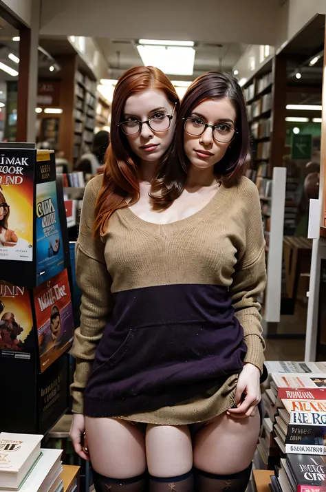 2heads, two-headed girl, hipster, multicolored hair, age 26, pale skin, glasses, in a book store, shopping, intelligent, smart, intellectual, trileg, three legs, miniskirt,