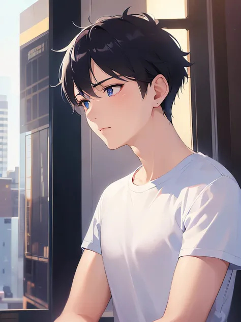 Detailed CG,Ultra-fine illustrations,masterpiece,highest quality,shiny skin,BREAK(28-year-old male:1.5)and(Black Short Hair)and(blue eyes)BREAK,(White T-shirt:1.5)and(jeans),(sad:1.5),(looking away:1.3)and(looking down),profile,The background is the urban ...