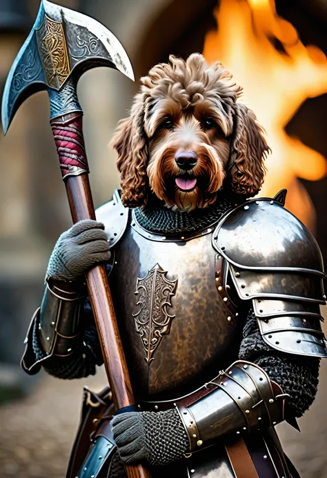 Knight with the head of a labradoodle, dog has chocolate brown fur, curly hair, medieval armor, shining armor, wielding an axe , portrait, holding a hatchet, blurry background, (head of a dog)