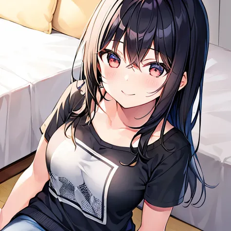 1 girl、19-year-old female、asian、cute、black hair、alone、beautiful smile、looking up、on the bed、casual clothing、