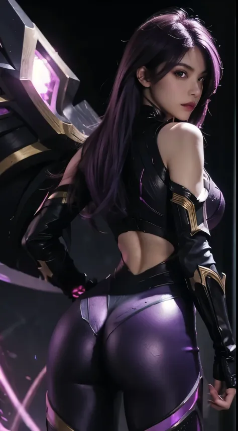 Perfect Face, Beautiful Face, Perfect Hand, 1girl, Kaisa, League of Legends, Casa, Purple Wings, Deep Purple Hair, Purple Eyes, Serious Expression, Strong Glare, Looking at the Viewer, From Behind, (Dynamic Pose), (Void Wings), Weapons, Masterpiece, Extrem...