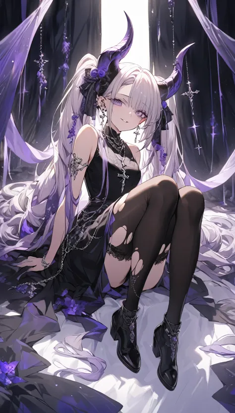 A mystical maiden sits with knees slightly raised, her long, multicolored hair flowing down her back like a river of twilight. Her twintails are adorned with hair ornaments that glimmer in the dim light. Her piercing purple eyes gaze directly at the viewer...