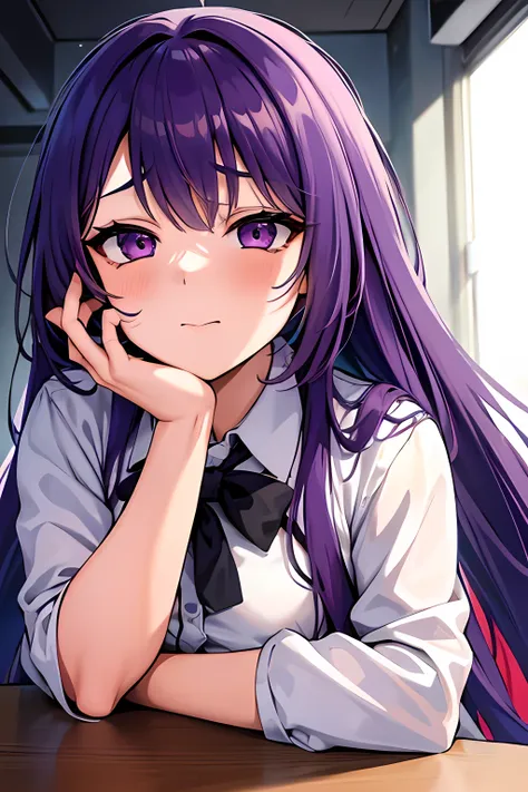 high resolution、masterpiece、girl, long hair、purple hair、ahegao, {{orgasm}}, ((masturbation on the desk)), an illustration、unifor...