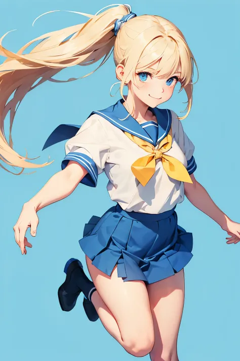 Positive Prompt:
A cute girl with blonde hair in a side ponytail, wearing a light blue sailor uniform. She has blue eyes and is very energetic, depicted in a jumping pose with a smile on her face. No background."

Negative Prompt:
Low quality, worst qualit...