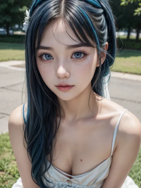 Hot girl、pfotorealistic, Highresolution, 1 woman, blue-haired, Korean, Heterochromia eyes, Small moles under the eyes,outdoor、wedding dress