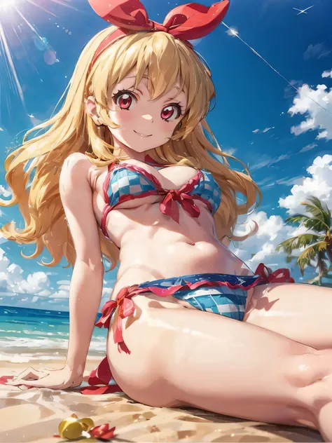 (RED Ribbon on HAIRband:1.2)a cartoon girl on a beach lying on her tummy with her legs spread wide, 1girl, hoshii miki, swimsuit, bikini, blonde hair, solo, breasts, long hair, green eyes, checkered clothes, ahoge, top-down bottom-up, green bikini, ass, da...