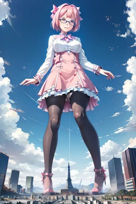 giantess art, highly detailed giantess shots, giantess, Two legs, Five fingers, short hair, A beautiful girl who is bigger than a skyscraper, Wearing rimless glasses, smile, Big Breasts, pink dress, bow, magical girl, magical wand, black pantyhose, pink st...