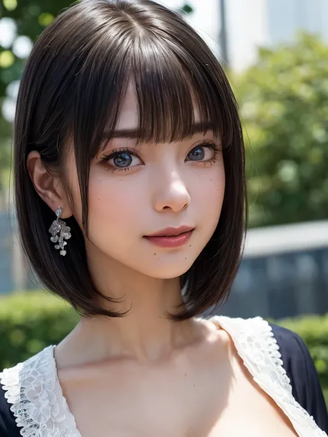 (SFW:1.8、masterpiece, highest quality),1 girl, alone, hyper Realistic, Realistic,Realistic, Looking at the audience, Bright blue-green eyes:1.4,Brunette Short Bob Hair with highly detailed shiny hair, Very delicate and beautiful brightly colored clothing:1...