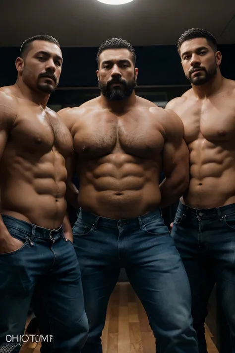 Photograph of three men stuck in a row, uno detras del otro, with heavyweight bodybuilder cinematic light 75kg full muscle, Bigote grueso y trozo chino barbudo, hombres muy guapo. perfect body ratio,, hipermusculoso nalgon, realista,  dark blue jeans, 