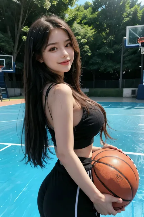 Best quality, 8k, immersive atmosphere, fuji color (1.2), film grain, real skin texture, arafed woman, 25 years old, Mexican woman, long black hair, beautiful curves, fully dressed, side shot, basketball clothes, black basketball uniform, straight hair, th...