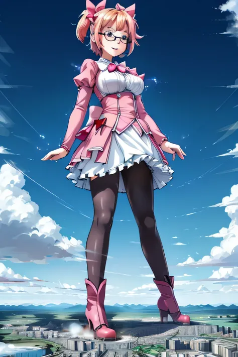 giantess art, highly detailed giantess shots, giantess, Two legs, Five fingers, short hair, A beautiful girl who is bigger than a skyscraper, Wearing rimless glasses, smile, Big Breasts, pink dress, bow, magical girl, magical wand, black pantyhose, pink st...