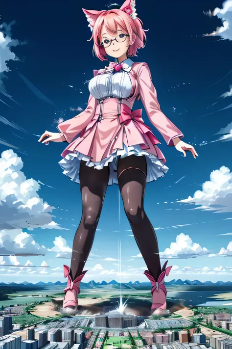 giantess art, highly detailed giantess shots, giantess, Two legs, Five fingers, short hair, A beautiful girl who is bigger than a skyscraper, Wearing rimless glasses, smile, Big Breasts, pink dress, bow, magical girl, magical wand, black pantyhose, pink st...