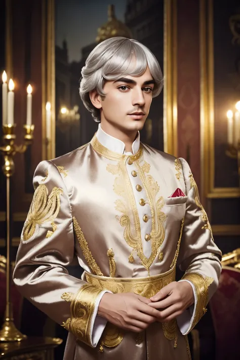 1man, photography, man wear frenchcourtsuit in palace, silver wig, golden, paintings, ornate, details, ornament, dim light, dawn, bokeh background,