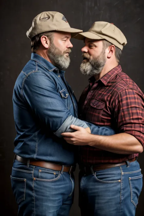 "Create a professional studio-style photograph featuring two middle-aged, burly, and rugged men in lumberjack attire. They have beards, caps, checkered shirts, and worn-out jeans. They are kissing each other, their faces almost close, mouths glued together...