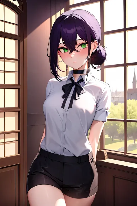 masterpiece, ((Very detailed background, Delicate pattern, Intricate details)), (Very detailed, Fine details), highest quality, Beautiful lighting, ((Medium chest, Slim girl)), Transparent nipples, cut, One girl, alone, Green Eyes, choker, Hair between the...