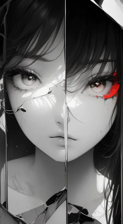 black andwhite，Absolutely beautiful woman，Bust，Broken mirror，Black and white splitting，Red tears，Black and white painting，Broken，sublevel，Black and white，Eroded by darkness and light，symmetry