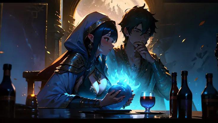 adventurers eating in front of the fireplace、while chatting、delicious meat dishes and cups on the table、adventurer sitting on a ...