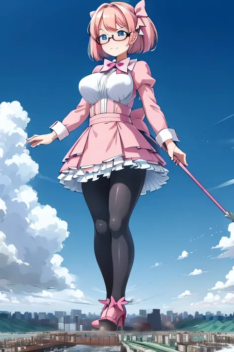 giantess art, highly detailed giantess shots, giantess, Two legs, Five fingers, short hair, A beautiful girl who is bigger than a skyscraper, Wearing rimless glasses, smile, Big Breasts, pink dress, bow, magical girl, magical wand, black pantyhose, pink st...