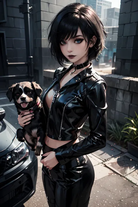 1Girl, woman, emo_hairstyle, black lipstick, dog collar, eyeliner, eye shadow, smoky eyes, realistic lighting, short hair, standing up, leather suit, open clothes.