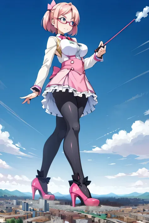 giantess art, highly detailed giantess shots, giantess, Two legs, Five fingers, short hair, A beautiful girl who is bigger than a skyscraper, Wearing rimless glasses, smile, Big Breasts, pink dress, bow, magical girl, magical wand, black pantyhose, pink st...