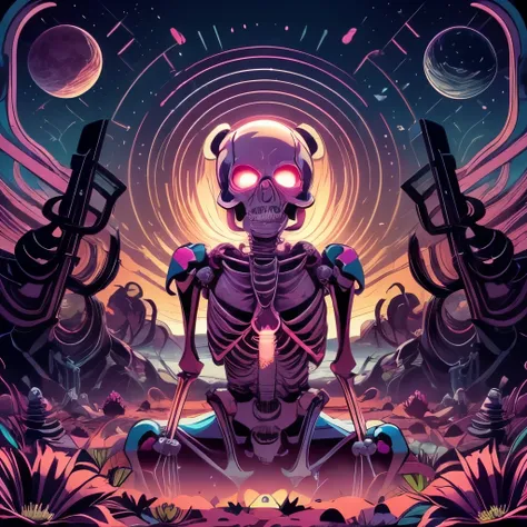 beautiful lighting, ((skeleton)), front, sitting, no humans, 
flower armor, flower crown, glowing eyes, happy vibes, bright pink...