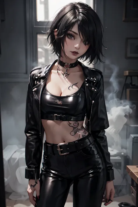 1girl, woman, emo_hairstyle, black lipstick, dog collar, eyeliner, eye shadow, smoky eyes, realistic lighting, short hair, stand...