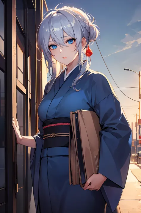 Masterpiece, Best quality, Masterpiece,Best quality,offcial art,Extremely detailed Cg Unity 8K wallpaper, strong rimlight, Golden hour lighting, intense shading, In the cyberpunk city, Girl, Silver hair and blue eyes,  Japanese_clothes,  😍,