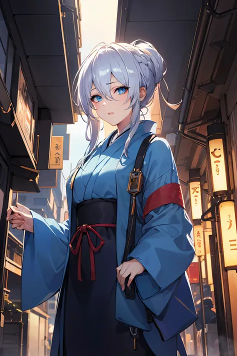 Masterpiece, Best quality, Masterpiece,Best quality,offcial art,Extremely detailed Cg Unity 8K wallpaper, strong rimlight, Golden hour lighting, intense shading, In the cyberpunk city, Girl, Silver hair and blue eyes,  Japanese_clothes,  😍,