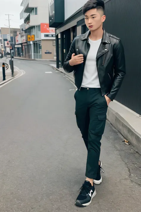 An Asian young man, Neat short black uncut hairstyle, a fashionable modern black leather jacket with green patterns, cargo pants, fighter shoes background Australian center. street photography snapshot high quality lens full HD landscape, quality 25k, full...