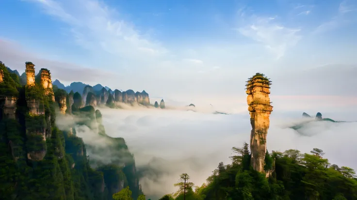 moon、The sky has a bright moon，Beautiful colors，HD photography works，Deer antlers in the mountains，Cliffs and clouds, Zhangjiajie in early morning, Zhangjiajie national forest park, Zhangjiajie, Karst columnar forest, Huge towering pillars, Dragon Shaped C...