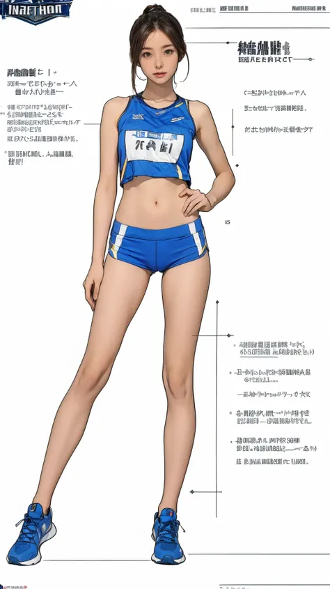 ((masterpiece)),(((highest quality))),((Character design sheet)),Thin thighs,Long legs,Its not a big deal ,Wearing a marathon uniform and marathon shoes