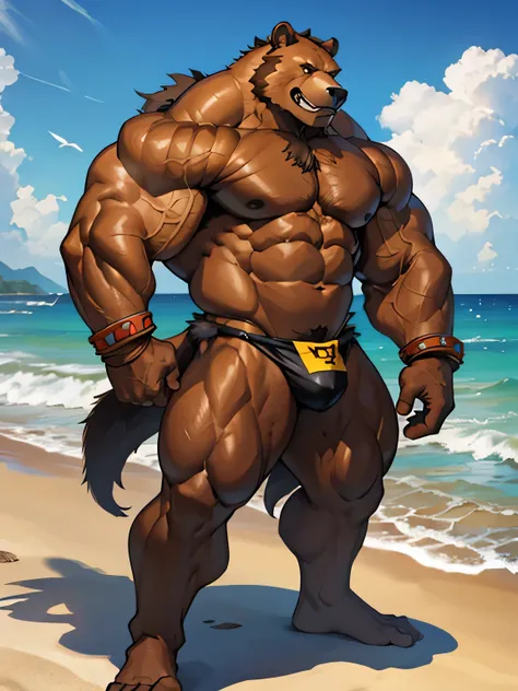 beach, extremely huge muscular, massive muscular, full-body, well-muscled grizzly bear. Flexing and posing off. ((extremely muscle size, super thick brown fur arms, huge back, extremely wide back and shoulder, huge fur arms)). Add eyes details and add deta...