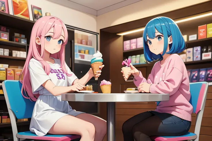 Two Girls, one with Light Pink Hair and Casual CLOTHING (Prioritize to ID Image CPIFKKTE878C73D78QEG), and the other with Small Blue Hair and CLOTHING a Dress (Prioritize to ID Image CPIGA65E878C73ETEKU0); are sitting on chairs in an ice cream shop in a sh...