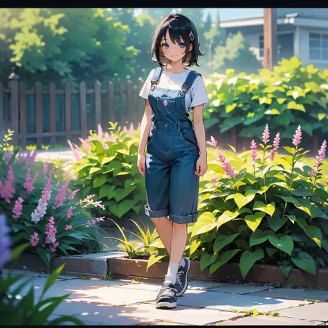 (high quality, High resolution, Very detailed, reality:1.37), Peaceful atmosphere, (Outdoor, garden), Teenage girl standing alone, (my breasts are big.), Beautiful details, Cute Smile, (Black bob hair), Short sleeve shirt, Overalls, Blue socks, sneakers.