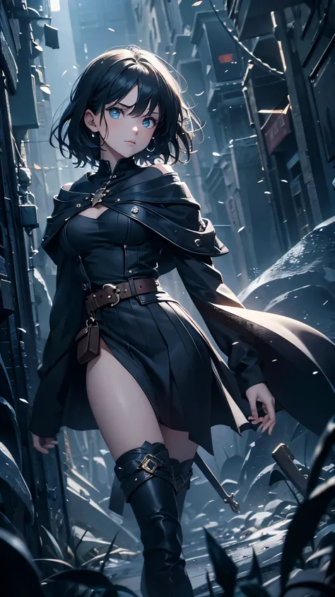 (One 18-year-old woman),(wizard),(short black hair),(messy hair),(wavy hair),(dark), [nervous eyes],(sexy fashion, off shoulder, maxi length skirt, boots),(best quality, 4k, 8k, highres, masterpiece:1.2), ultra-detailed,(realistic, photorealistic, photo-re...